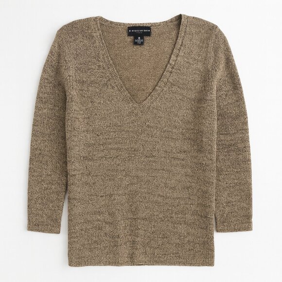 august silk Sweaters - August Silk Brown Black Tweed Knit V Neck Long Sleeve Sweater Classic Fit